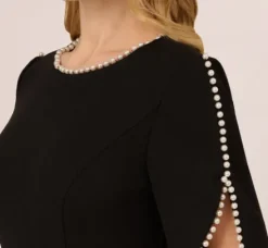 Adrianna Papell Wedding Guest Dresses|Day Dresses*Crepe Midi Length Sheath Dress With Pearl Trimmed Sleeves In