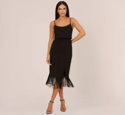Adrianna Papell Wedding Guest Dresses|Petite-Friendly*Crepe Popover Midi Dress With Fringe Trim In
