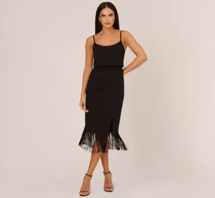 Adrianna Papell Wedding Guest Dresses|Petite-Friendly*Crepe Popover Midi Dress With Fringe Trim In