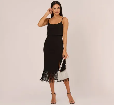Adrianna Papell Wedding Guest Dresses|Petite-Friendly*Crepe Popover Midi Dress With Fringe Trim In