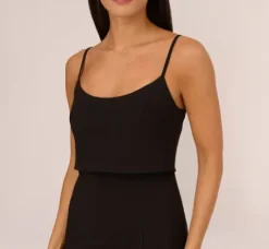 Adrianna Papell Wedding Guest Dresses|Petite-Friendly*Crepe Popover Midi Dress With Fringe Trim In