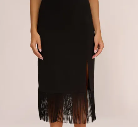 Adrianna Papell Wedding Guest Dresses|Petite-Friendly*Crepe Popover Midi Dress With Fringe Trim In