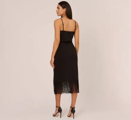 Adrianna Papell Wedding Guest Dresses|Petite-Friendly*Crepe Popover Midi Dress With Fringe Trim In
