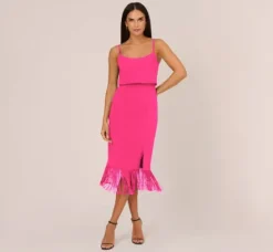 Adrianna Papell Wedding Guest Dresses|Petite-Friendly*Crepe Popover Midi Dress With Fringe Trim In