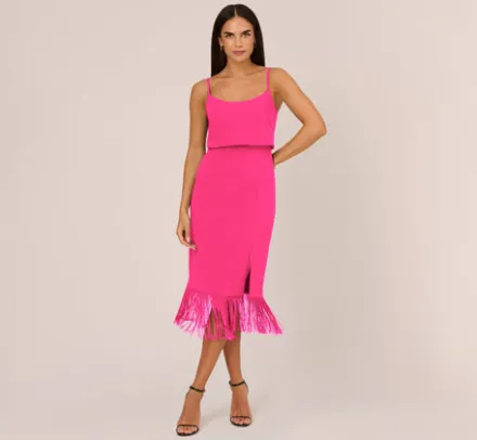 Adrianna Papell Wedding Guest Dresses|Petite-Friendly*Crepe Popover Midi Dress With Fringe Trim In