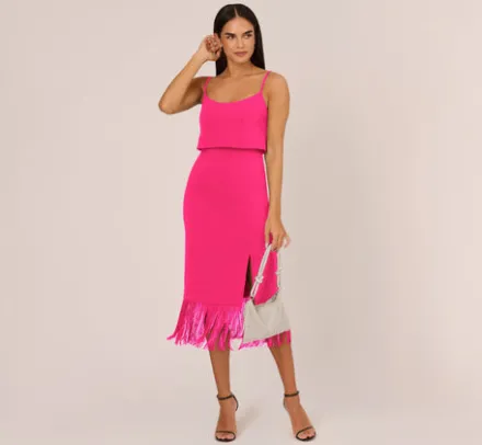 Adrianna Papell Wedding Guest Dresses|Petite-Friendly*Crepe Popover Midi Dress With Fringe Trim In