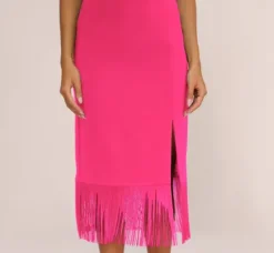 Adrianna Papell Wedding Guest Dresses|Petite-Friendly*Crepe Popover Midi Dress With Fringe Trim In