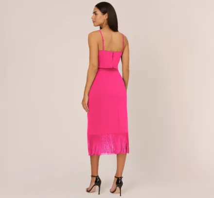 Adrianna Papell Wedding Guest Dresses|Petite-Friendly*Crepe Popover Midi Dress With Fringe Trim In