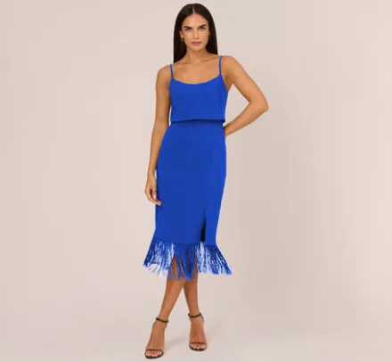 Adrianna Papell Wedding Guest Dresses|Petite-Friendly*Crepe Popover Midi Dress With Fringe Trim In Royal Sapphire
