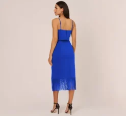 Adrianna Papell Wedding Guest Dresses|Petite-Friendly*Crepe Popover Midi Dress With Fringe Trim In Royal Sapphire