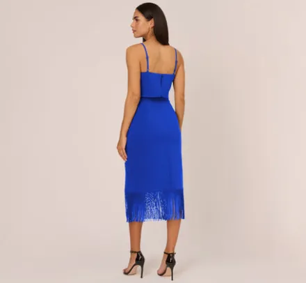 Adrianna Papell Wedding Guest Dresses|Petite-Friendly*Crepe Popover Midi Dress With Fringe Trim In Royal Sapphire