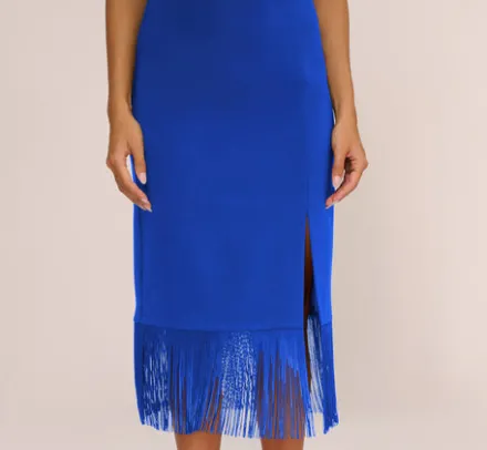 Adrianna Papell Wedding Guest Dresses|Petite-Friendly*Crepe Popover Midi Dress With Fringe Trim In Royal Sapphire
