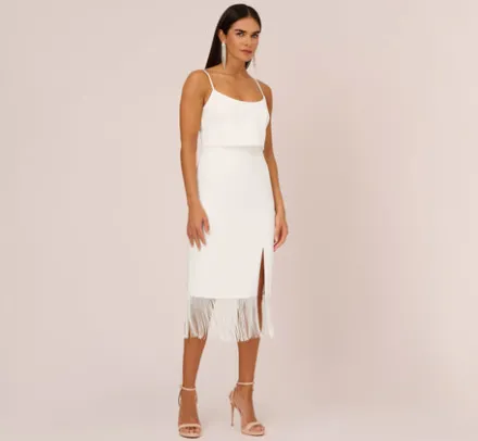 Adrianna Papell Petite-Friendly|Little White Dresses*Crepe Popover Midi Dress With Fringe Trim In