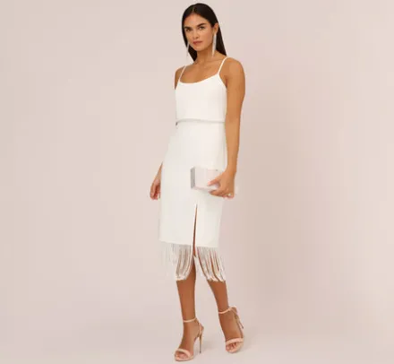 Adrianna Papell Petite-Friendly|Little White Dresses*Crepe Popover Midi Dress With Fringe Trim In