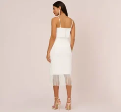 Adrianna Papell Petite-Friendly|Little White Dresses*Crepe Popover Midi Dress With Fringe Trim In