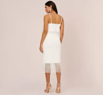 Adrianna Papell Petite-Friendly|Little White Dresses*Crepe Popover Midi Dress With Fringe Trim In