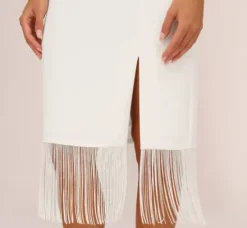 Adrianna Papell Petite-Friendly|Little White Dresses*Crepe Popover Midi Dress With Fringe Trim In