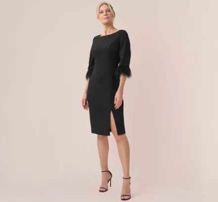 Adrianna Papell Wedding Guest Dresses|Day Dresses*Crepe Sheath Dress With V-Back And Feather-Trim Sleeves In