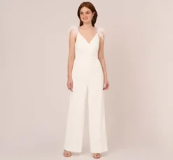 Adrianna Papell Jumpsuits*Crepe Wide Leg Jumpsuit With Bead And Feather Accents In
