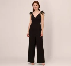 Adrianna Papell Jumpsuits*Crepe Wide Leg Jumpsuit With Bead And Feather Accents In