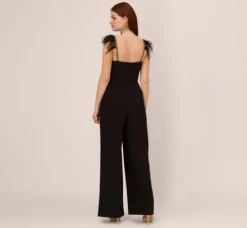 Adrianna Papell Jumpsuits*Crepe Wide Leg Jumpsuit With Bead And Feather Accents In