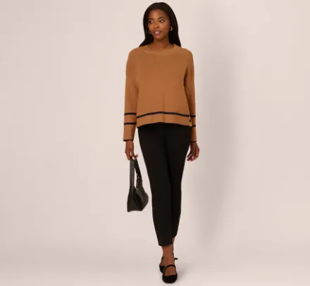 Adrianna Papell Tops & Blouses|Sweaters*Crew Neck Pullover Sweater With Tipped Details In Camel Bluemoon