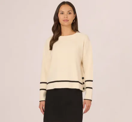 Adrianna Papell Tops & Blouses|Sweaters*Crew Neck Pullover Sweater With Tipped Details In Cream Black