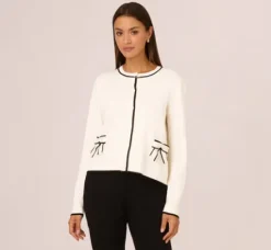 Adrianna Papell Tops & Blouses|Sweaters*Crew Neck Tipped Bow Pocket Cardigan Sweater In Ivory Black