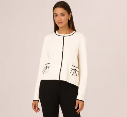 Adrianna Papell Tops & Blouses|Sweaters*Crew Neck Tipped Bow Pocket Cardigan Sweater In Ivory Black