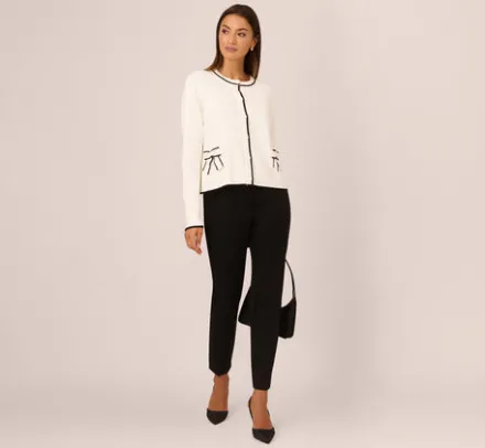 Adrianna Papell Tops & Blouses|Sweaters*Crew Neck Tipped Bow Pocket Cardigan Sweater In Ivory Black