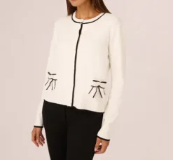 Adrianna Papell Tops & Blouses|Sweaters*Crew Neck Tipped Bow Pocket Cardigan Sweater In Ivory Black