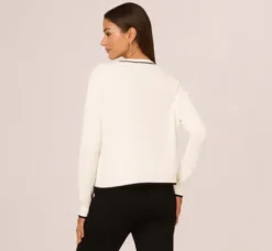Adrianna Papell Tops & Blouses|Sweaters*Crew Neck Tipped Bow Pocket Cardigan Sweater In Ivory Black
