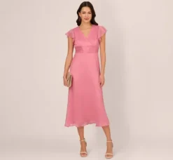 Adrianna Papell Wedding Guest Dresses|Day Dresses*Crinkle Mesh Midi Dress With Flutter Sleeves In Faded Rose
