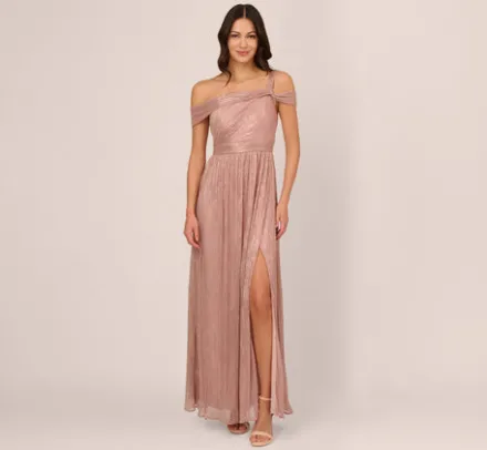 Adrianna Papell Wedding Guest Dresses|Formal Dresses*Crinkle Metallic Gown With Asymmetrical Neckline In Petal Gold