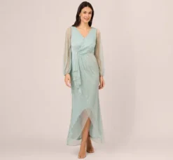 Adrianna Papell Wedding Guest Dresses|Formal Dresses*Crinkle Metallic Gown With Sheer Bishop Sleeves And Draped Details In Mint Smoke