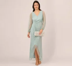 Adrianna Papell Wedding Guest Dresses|Formal Dresses*Crinkle Metallic Gown With Sheer Bishop Sleeves And Draped Details In Mint Smoke