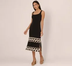 Adrianna Papell Wedding Guest Dresses|Day Dresses*Crochet Trimmed Sheath Midi Dress With Tank Straps In Black Ecru
