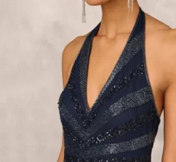 Adrianna Papell Wedding Guest Dresses|Formal Dresses*Dazzling Beaded Halter Gown With Deep V-Neckline In