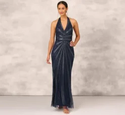 Adrianna Papell Wedding Guest Dresses|Formal Dresses*Dazzling Beaded Halter Gown With Deep V-Neckline In