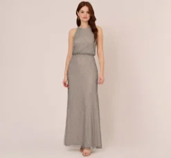 Adrianna Papell Wedding Guest Dresses|Formal Dresses*Deco Floral Beaded Blouson Gown With Halter Neckline In Pewter Silver