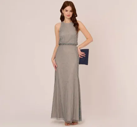 Adrianna Papell Wedding Guest Dresses|Formal Dresses*Deco Floral Beaded Blouson Gown With Halter Neckline In Pewter Silver