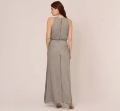 Adrianna Papell Wedding Guest Dresses|Formal Dresses*Deco Floral Beaded Blouson Gown With Halter Neckline In Pewter Silver