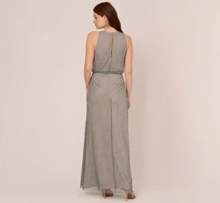 Adrianna Papell Wedding Guest Dresses|Formal Dresses*Deco Floral Beaded Blouson Gown With Halter Neckline In Pewter Silver