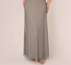 Adrianna Papell Wedding Guest Dresses|Formal Dresses*Deco Floral Beaded Blouson Gown With Halter Neckline In Pewter Silver