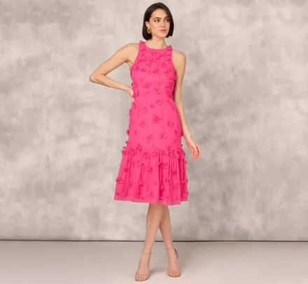 Adrianna Papell Wedding Guest Dresses|Petite-Friendly*3D Floral And Bead Embellished Midi Dress With Flounce Skirt In Electric Pink