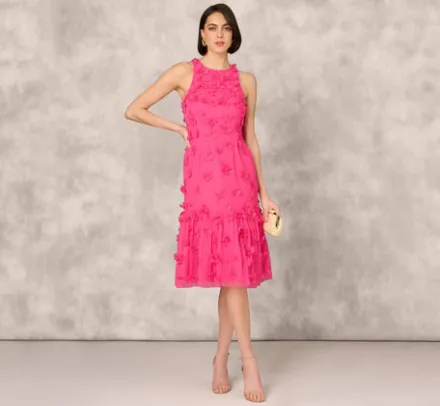Adrianna Papell Wedding Guest Dresses|Petite-Friendly*3D Floral And Bead Embellished Midi Dress With Flounce Skirt In Electric Pink