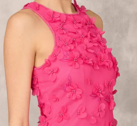 Adrianna Papell Wedding Guest Dresses|Petite-Friendly*3D Floral And Bead Embellished Midi Dress With Flounce Skirt In Electric Pink