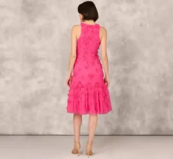 Adrianna Papell Wedding Guest Dresses|Petite-Friendly*3D Floral And Bead Embellished Midi Dress With Flounce Skirt In Electric Pink