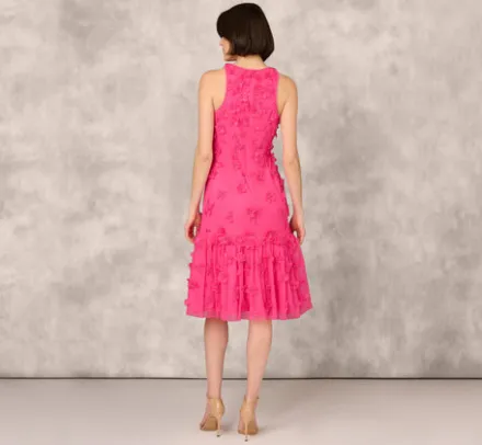 Adrianna Papell Wedding Guest Dresses|Petite-Friendly*3D Floral And Bead Embellished Midi Dress With Flounce Skirt In Electric Pink