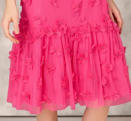 Adrianna Papell Wedding Guest Dresses|Petite-Friendly*3D Floral And Bead Embellished Midi Dress With Flounce Skirt In Electric Pink